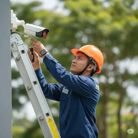 Teknisi PT Sastradinata Setia Sejahtera memasang kamera CCTV di kawasan industri Cikarang Bekasi