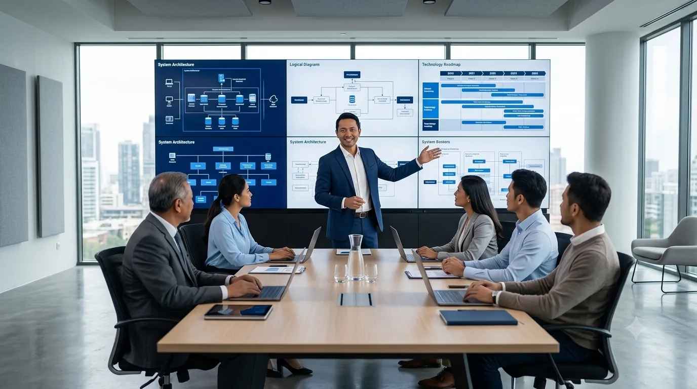 Konsultan IT PT Sastradinata Setia Sejahtera mempresentasikan arsitektur sistem dan roadmap digitalisasi kepada tim manajemen perusahaan kawasan industri Cikarang Bekasi