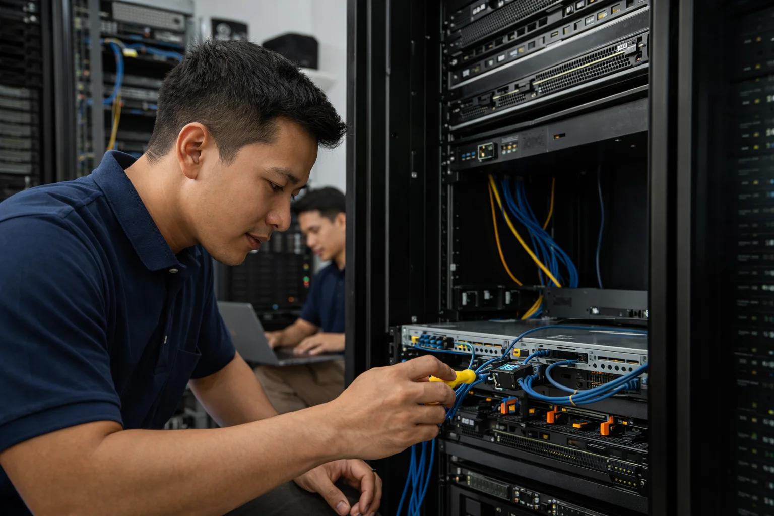 Teknisi PT Sastradinata Setia Sejahtera melakukan cable management dan penataan kabel jaringan pada rack server untuk perusahaan di kawasan industri Cikarang Bekasi