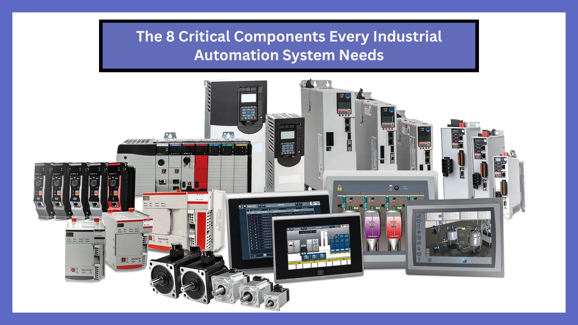 8 komponen kritis sistem otomasi industri — PLC, HMI, servo drive, sensor, dan modul I/O untuk lini produksi perusahaan kawasan industri Cikarang