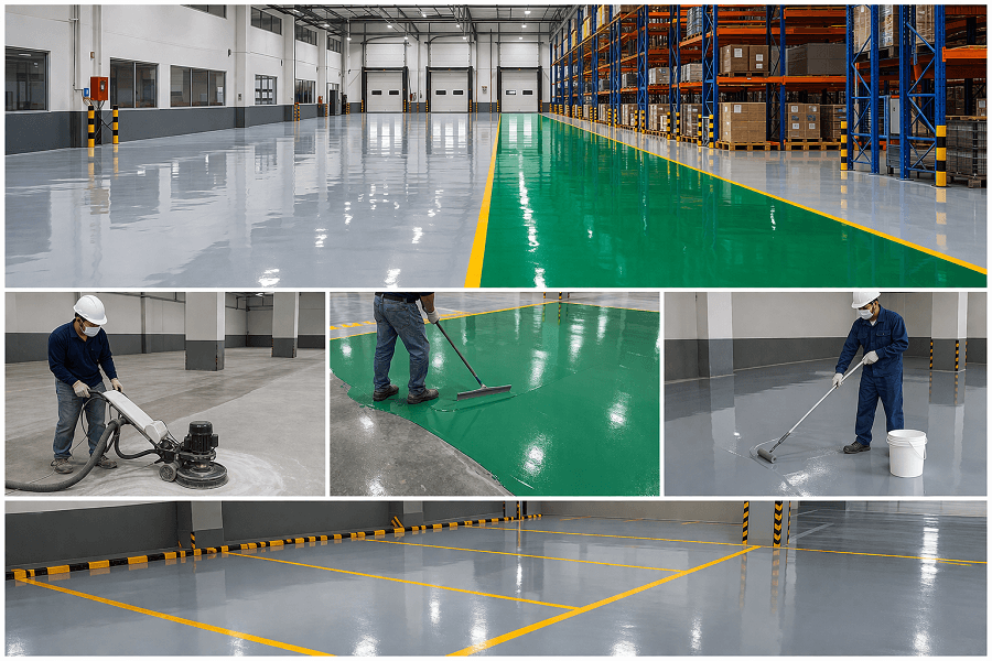 Variasi sistem epoxy lantai — solid color, self-leveling, anti-slip, dan garis marka K3 untuk pabrik gudang industri Cikarang Bekasi