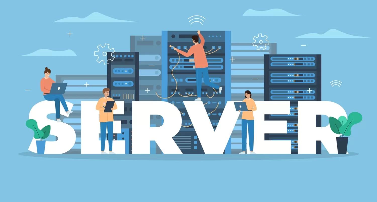 Ilustrasi tim IT mengelola infrastruktur server dan jaringan — cable management dan penataan server rack profesional untuk kantor dan perusahaan kawasan industri Cikarang