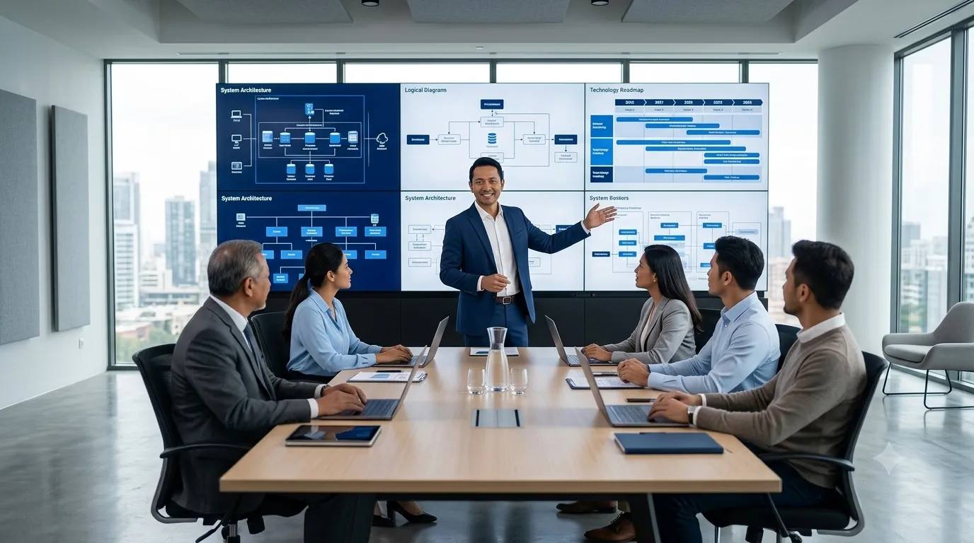 Konsultan IT PT Sastradinata Setia Sejahtera mempresentasikan arsitektur sistem dan roadmap digitalisasi kepada tim manajemen perusahaan kawasan industri Cikarang Bekasi