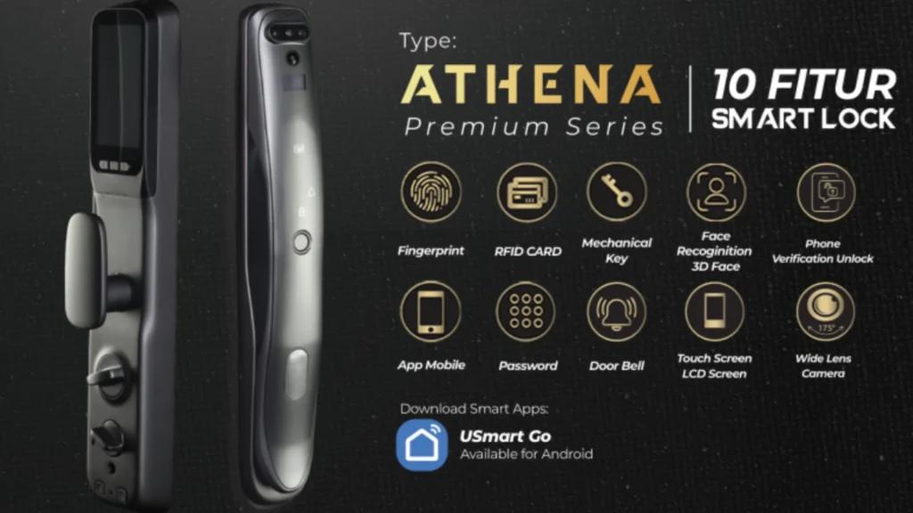 Smart lock Athena Premium Series 10 fitur — fingerprint, RFID, face recognition, PIN, app mobile, dan wide lens camera untuk keamanan pintu perusahaan dan kantor